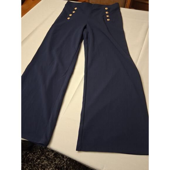 H&M Navy Blue SAILOR PANTS Flared wide leg Womens Size L GOLD Button Front - Picture 13 of 13